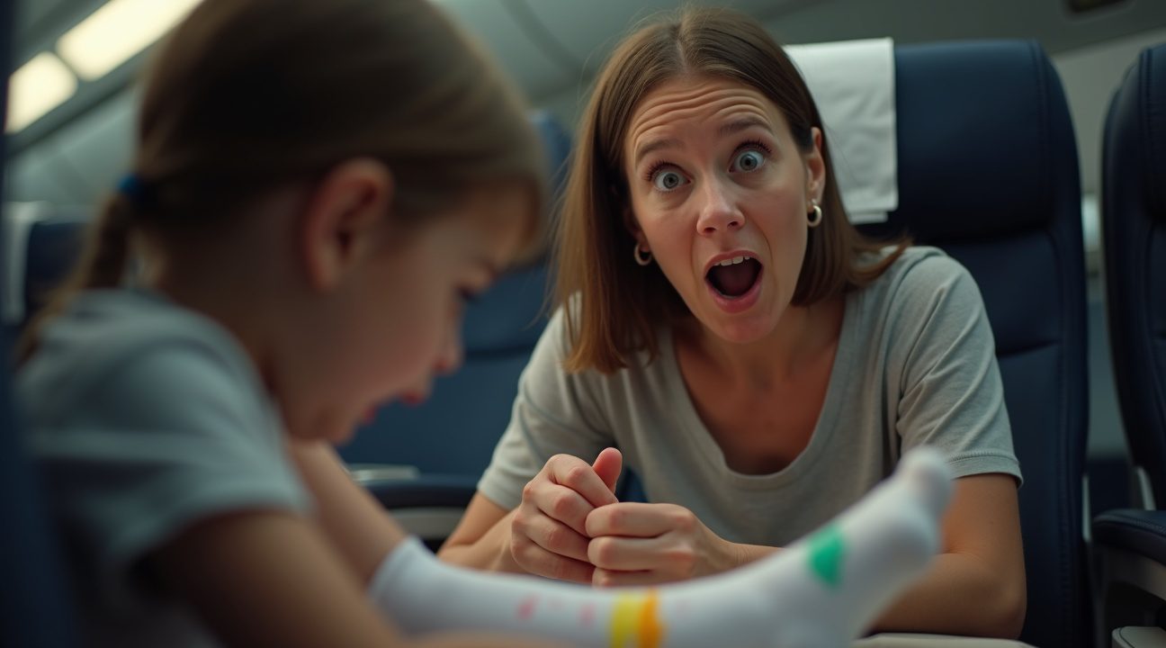 vrouw wordt wakker in vliegtuig terwijl kind op haar sokken tekent