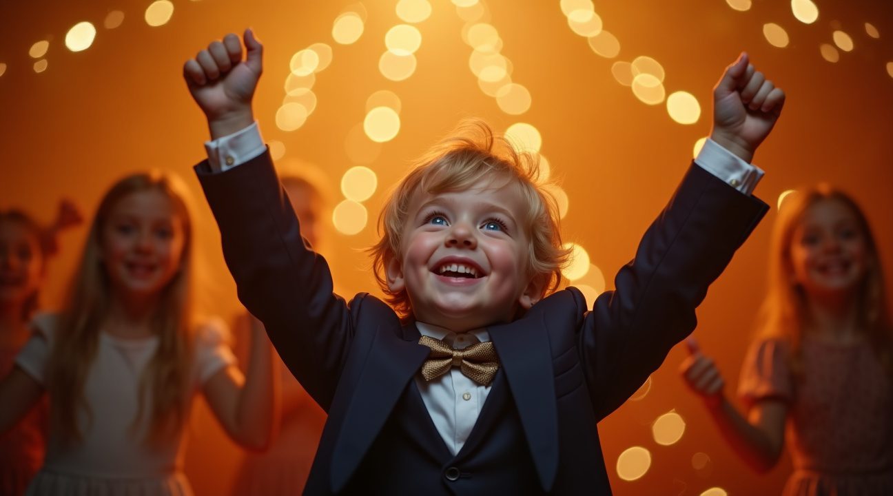 kleine jongen steelt de show tijdens eindejaarsfeest van zus