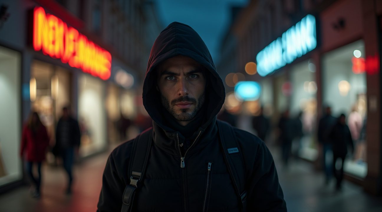 man doet alsof hij etalagepop is totdat winkelcentrum sluit en gaat dan op rooftocht