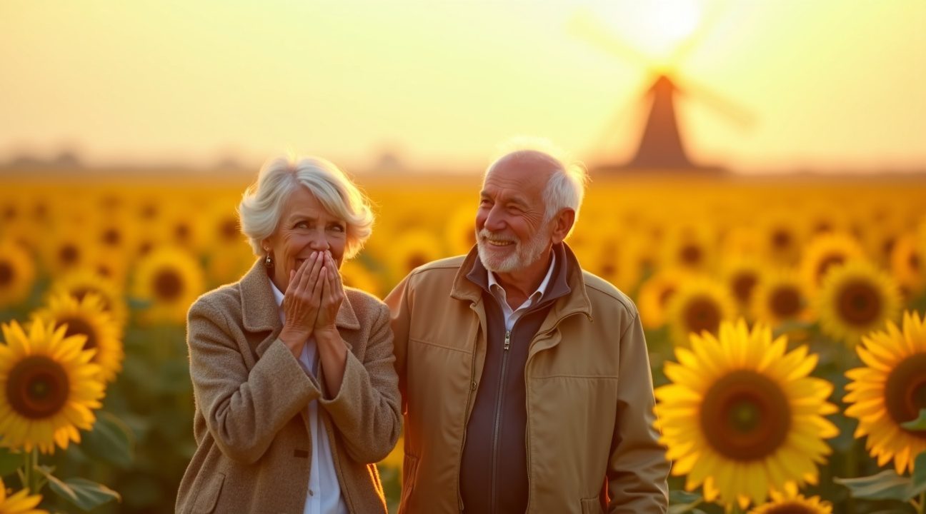 man verrast vrouw met 12 miljoen zonnebloemen voor hun gouden jubileum
