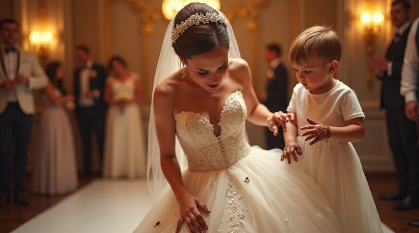 mensen pleiten voor kindvrije bruiloften nadat peuter gezicht afveegt aan de jurk van bruid
