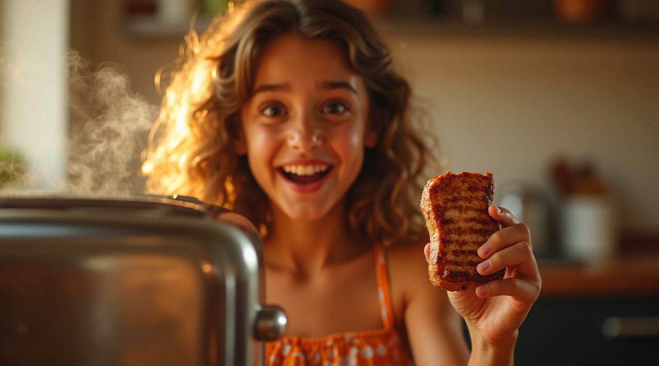 tiener maakt gebruikt van broodrooster om biefstuk te bakken en is in haar nopjes met vondst