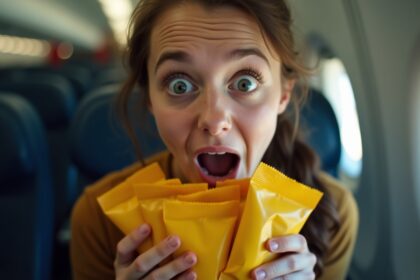 vrouw heeft geen andere keuze dan elk zakje pindas op vlucht te kopen