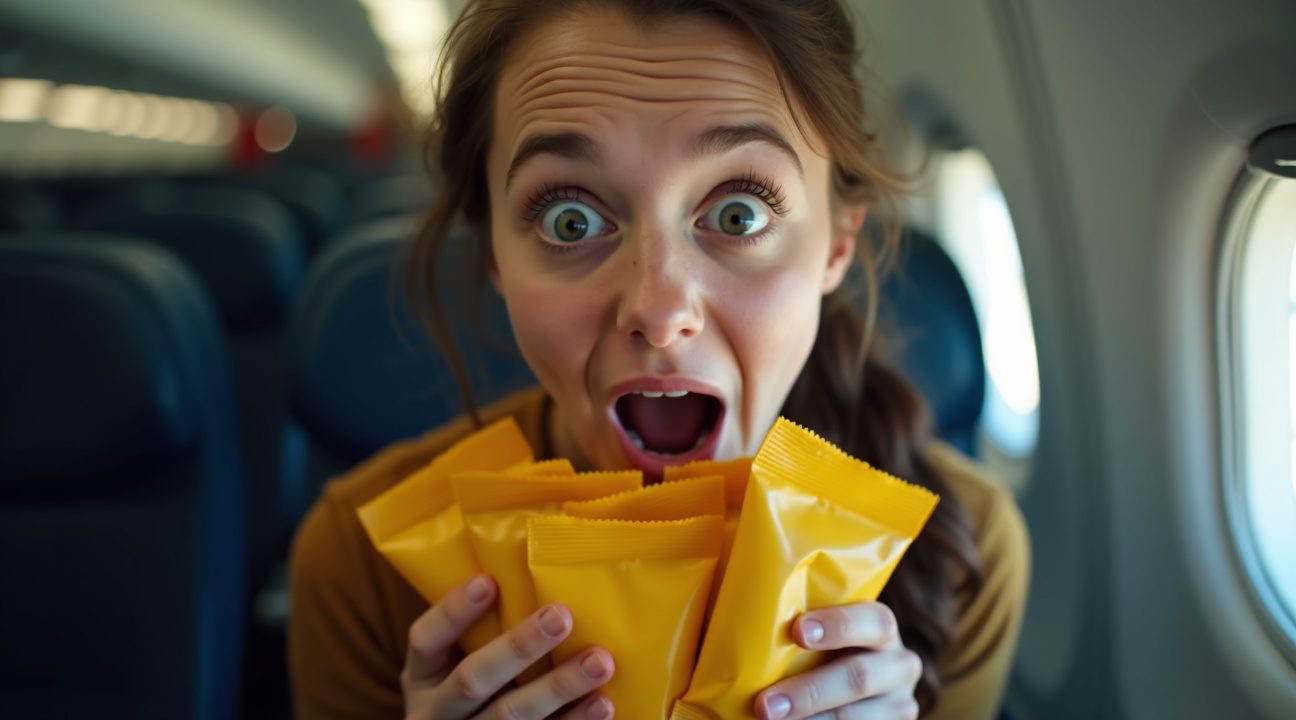 vrouw heeft geen andere keuze dan elk zakje pindas op vlucht te kopen