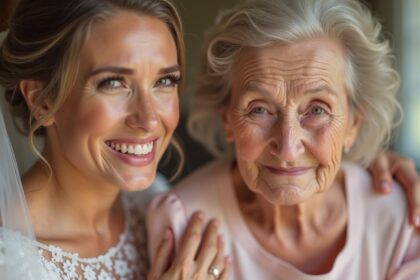 vrouw houdt zich aan kinderbelofte en vraagt haar overgrootmoeder om bruidsmeisje te zijn