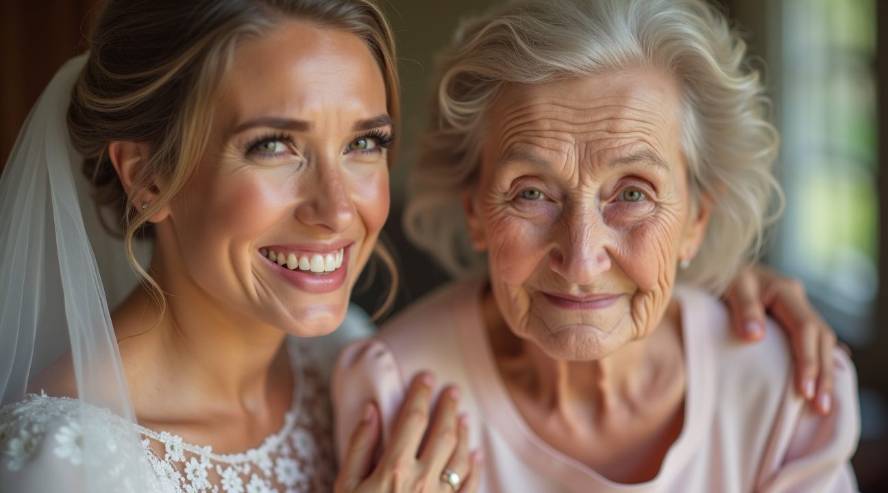vrouw houdt zich aan kinderbelofte en vraagt haar overgrootmoeder om bruidsmeisje te zijn